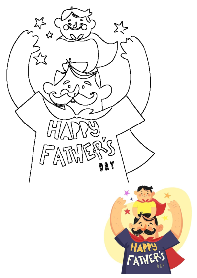 Happy Father's Day cartoon: dad with son on shoulders as a superhero, surrounded by stars. Dad's shirt says 'Happy Father's Day'.