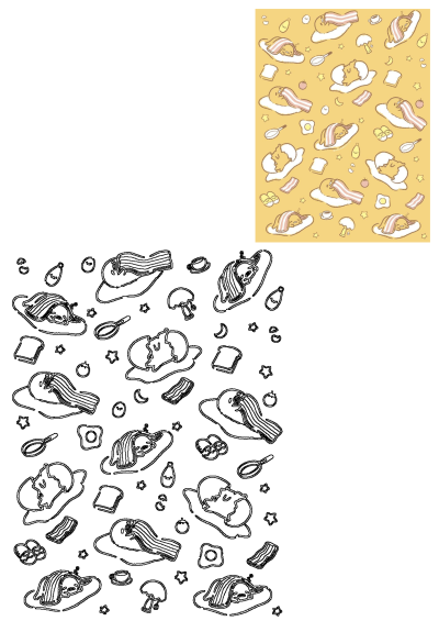 Vibrant yellow background with a repeating pattern of lazy Gudetama eggs snuggled under bacon blankets, alongside toast, coffee, and breakfast items.