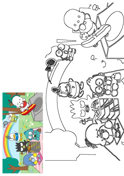 Cartoon characters like Pochacco and Keroppi enjoy an outdoor picnic and games, skateboarding, playing badminton under a rainbow.