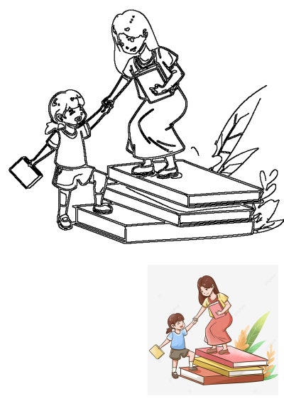 A cartoon illustration of a woman helping a child climb a stack of books, symbolizing mentorship and educational support.
