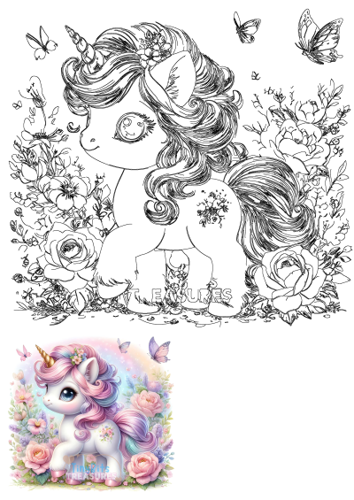 Adorable unicorn amidst lush flowers and delicate butterflies. Features detailed line art and a vibrant digital illustration for magical fantasy projects.