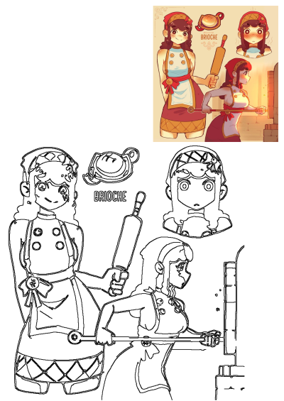 Cute anime baker girl illustration and coloring page showing her baking brioche, using a rolling pin, and checking a warm oven.