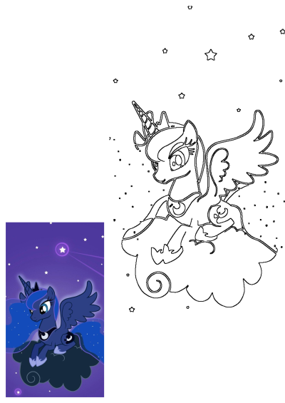 Princess Luna My Little Pony night sky. Features the alicorn pony sitting on a cloud, presented as a vibrant illustration and a line art.