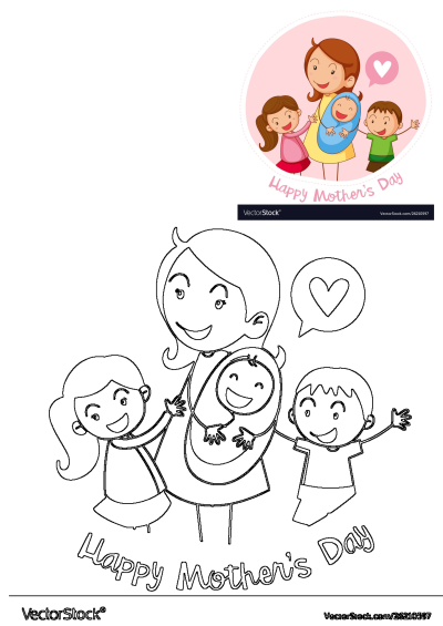 An illustration for a Happy Mother's Day card featuring a mother holding a baby, with a girl and a boy standing beside her, all smiling. Includes an outline drawing.
