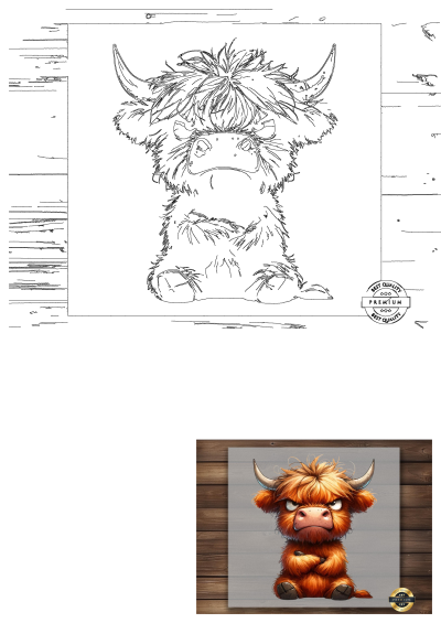 Cute angry Highland cow DTF transfer, perfect for a funny farm animal shirt. Features both colored and line art versions of the grumpy fluffy cow.