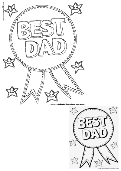 Printable outline of a Best Dad award badge with two ribbons and smiling stars, perfect for Father's Day crafts and gifts.