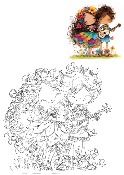 Hawaiian Couple Illustrations Tropical Clipart featuring a vibrant boy playing ukulele and a girl adorned with colorful flowers for design.