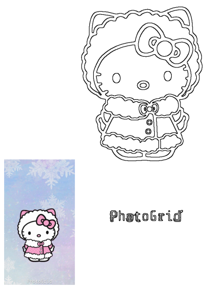 Hello Kitty in a pink winter coat, fuzzy hat, and bow. Festive snowflakes on a pastel blue background create a charming winter wallpaper.