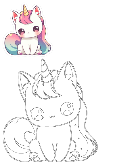 An adorable chibi unicorn cat, featuring a colorful sticker with rainbow hair and a black and white outline for creative projects.
