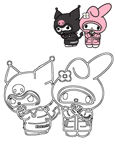 Colorful Kuromi and My Melody cartoon characters illustration, next to a black and white outline for drawing.