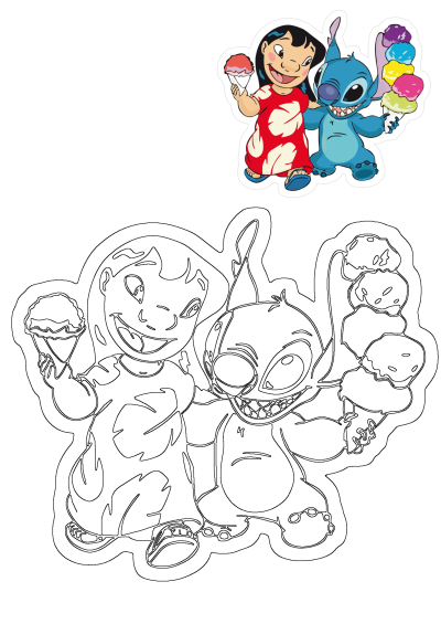 Lilo and Stitch cartoon illustration enjoying ice cream cones. Lilo holds a pink cone, Stitch a multi-scoop colorful one, with an outline version below.