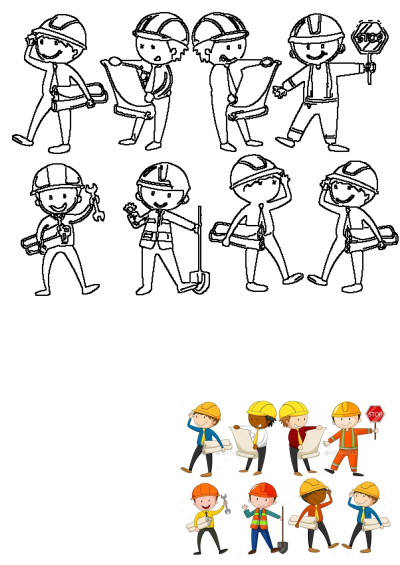 Diverse cartoon construction workers in various poses, some colored and some in outline, with tools and blueprints on white background.