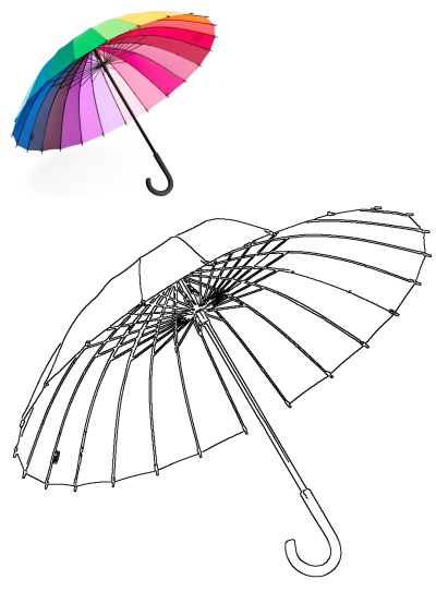 A vibrant, open rainbow umbrella with colorful segments and its line art outline, both isolated on a clean white background.