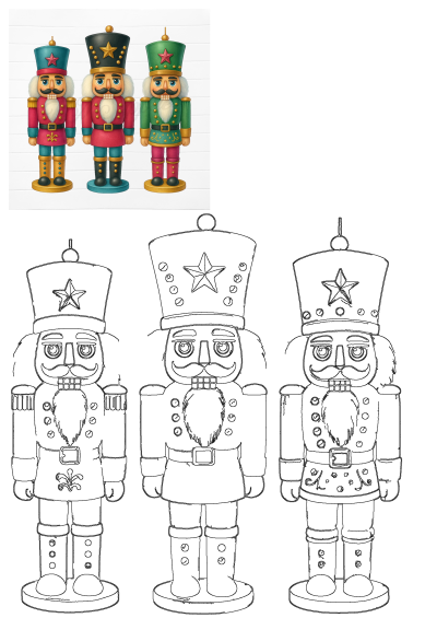 Three festive Christmas nutcracker toy soldiers in red, green, and black, shown in vibrant colors and as outline templates.