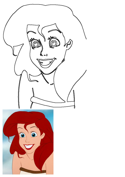 A bright close-up of Ariel from The Little Mermaid smiling with red hair and blue eyes, alongside a black outline drawing of her.