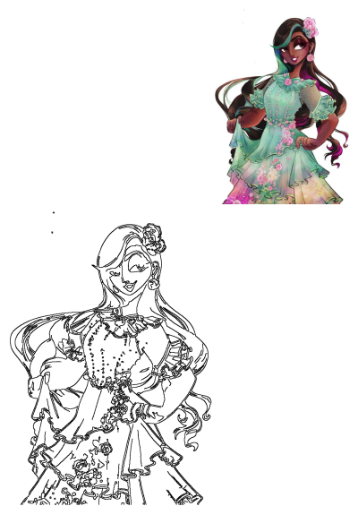 Elegant woman in a mint green ruffled flower dress with pink roses and colorful hair. Includes both a vibrant illustration and detailed line art.