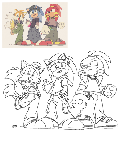 Sonic, Tails, and Knuckles display cool streetwear outfits in this illustration, featuring both a colored image and line art.