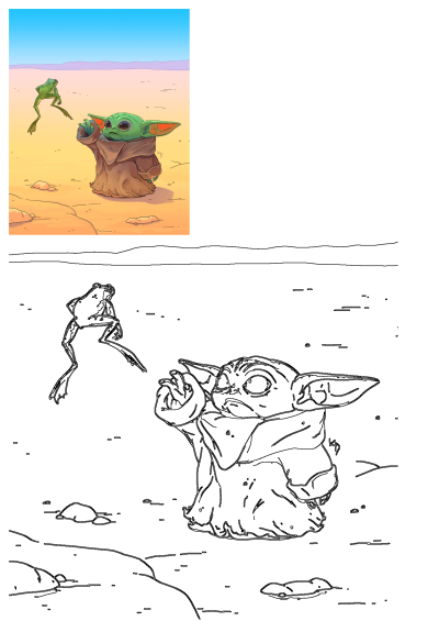 Baby Yoda (Grogu) and a green frog have a charming desert encounter, with Grogu reaching out in the sandy landscape.