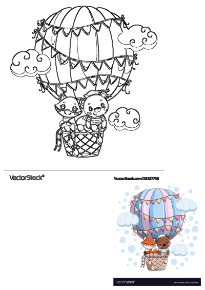 Adorable cartoon illustration of a fox and bear flying in a colorful hot air balloon, decorated with bunting, amidst fluffy clouds.