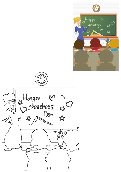 A female teacher enthusiastically teaches students in a classroom, with "Happy Teachers Day" written on the chalkboard.