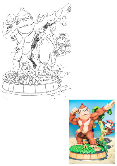 A detailed statue of Donkey Kong and Diddy Kong posing heroically on a tropical beach setting with a barrel and palm tree.