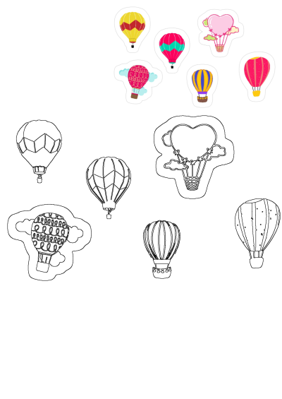 Colorful hot air balloon stickers featuring various patterns and a heart shape, mixed with black outline drawings, all on a white background.
