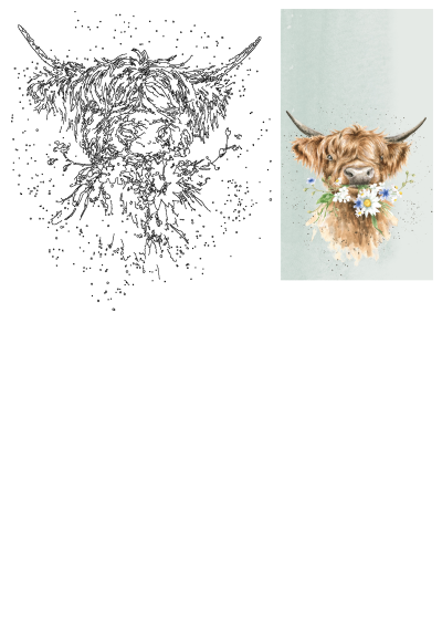 Discover this cute Highland Cow watercolor illustration, featuring a fluffy brown animal adorned with beautiful daisies and blue wildflowers.