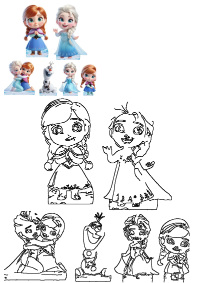 Cute Frozen Princess Anna, Elsa, Olaf figures & outline drawings. Perfect for kids' play, decoration, or tracing fun.
