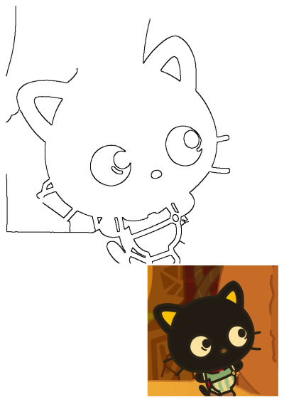 Outline of a cute cartoon black cat character with big eyes, featuring small whiskers and a simple collar, with a colored reference.