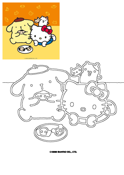 Cute Sanrio characters Hello Kitty and Pompompurin with friends, featuring a vibrant illustration and a ready-to-color outline version.