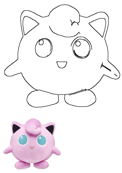 A pink Jigglypuff Pokemon stuffed animal with big blue eyes is featured alongside its simple black and white line art.