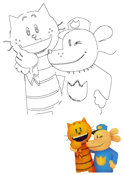 Cheerful cartoon illustration of Dog Man and Cat Kid hugging, depicting their strong bond and friendship.