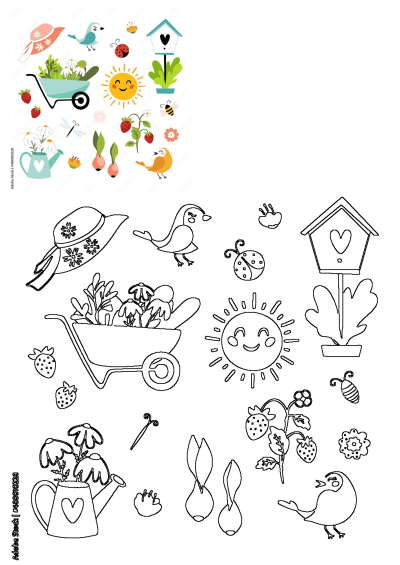 A cheerful spring assortment of colorful and outlined plants, birds, hat, sun, bee, and garden items on a clean white background.