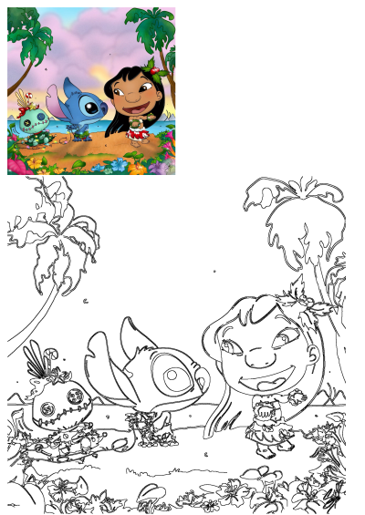 A delightful Lilo and Stitch beach cartoon scene with Lilo, Stitch, and Scrump enjoying a tropical setting with palm trees and vibrant flowers.