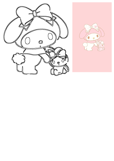 My Melody in her pink hood, gently holding a small white bunny plush. This adorable kawaii artwork features a soft pink aesthetic.