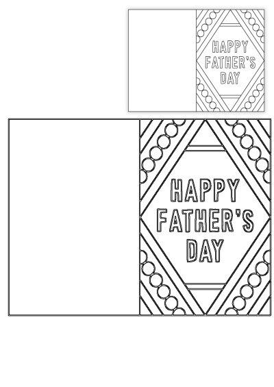 A black and white printable Father's Day card template featuring 'HAPPY FATHER'S DAY' text in a decorative diamond frame, ready to be colored.