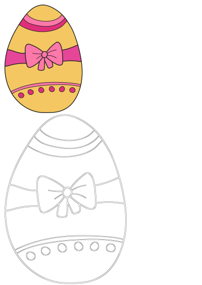 A vibrant yellow Easter egg adorned with pink ribbons, a charming pink bow, and matching polka dots, presented alongside its uncolored outline version.