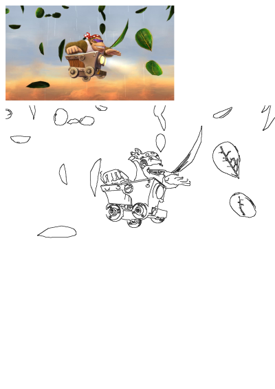 A vibrant cartoon features a Donkey Kong character flying a minecart (like a train) against a sunset sky with green leaves falling.