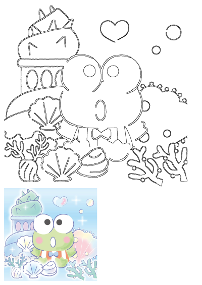 Outline drawing of Keroppi the frog on a beach or underwater scene with seashells, coral, and a castle. Features a heart and bubbles.