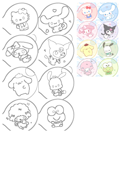 An image displaying colorful Hello Kitty and Sanrio friends bubble stickers alongside their black outline versions for creative coloring.