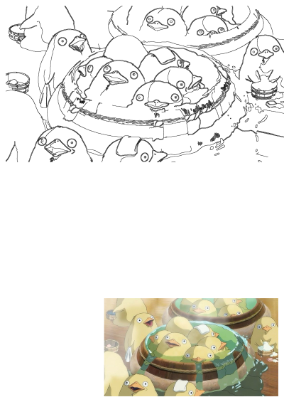 Line drawing of Spirited Away's Ootori-sama birds splashing happily in wooden bath house buckets, reminiscent of the popular anime scene.