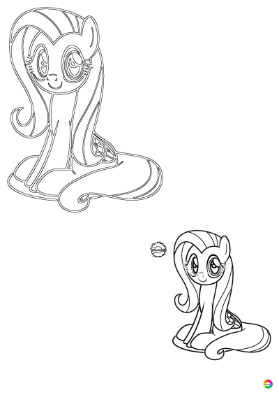 A delightful outline drawing of My Little Pony Fluttershy sitting gracefully, ready to be colored with vibrant hues.
