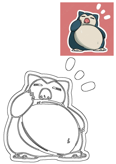 A cartoon Snorlax sticker yawning with its hand to face, showing sleepiness, alongside a black and white outline for coloring.
