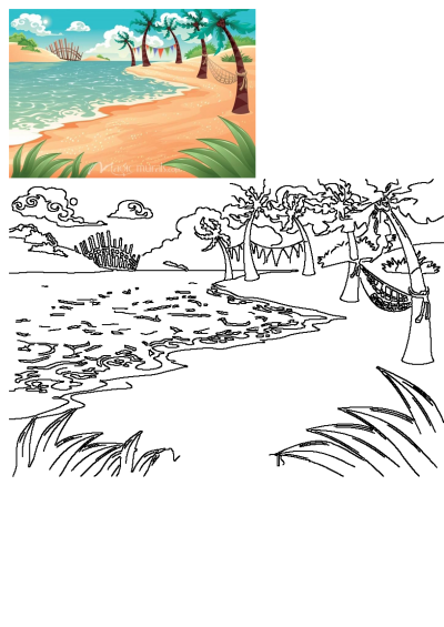 A vibrant tropical beach background featuring swaying palm trees, a relaxing hammock, serene ocean waves, and a sunny sky.