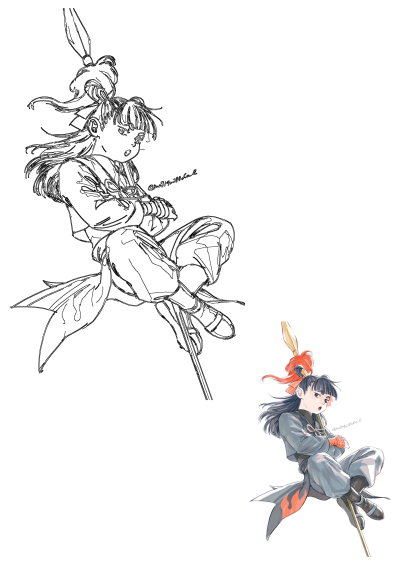 Anime character with long dark hair and red ribbon, sitting and holding a golden spear. Artwork includes line art and a colored illustration.