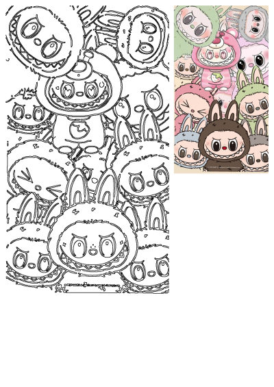 Kawaii Monsters Pop Mart Kasing Lung characters: a detailed black and white outline art collage and a vibrant colored illustration.