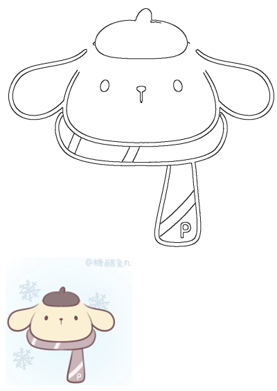 A cute Pompompurin dog character wearing a cozy winter hat and a striped scarf. This line art drawing is themed for cold weather fun.