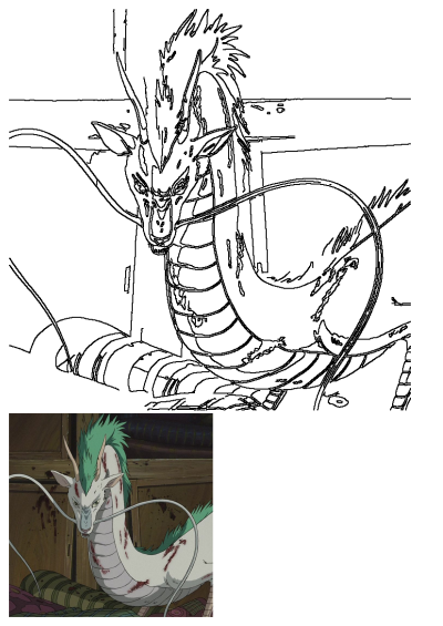 Outline drawing of Haku, the green-maned dragon from Spirited Away, with horns, shown lying on a bed.