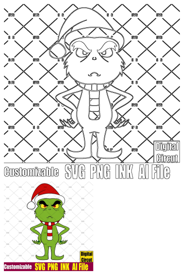 Grinch Santa Hat Christmas character SVG design. Festive green Grinch with a red hat and scarf. Perfect for holiday crafting.