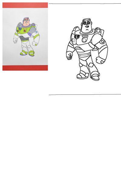 Buzz Lightyear drawing featuring a colored version and a black outline of the iconic Toy Story character.